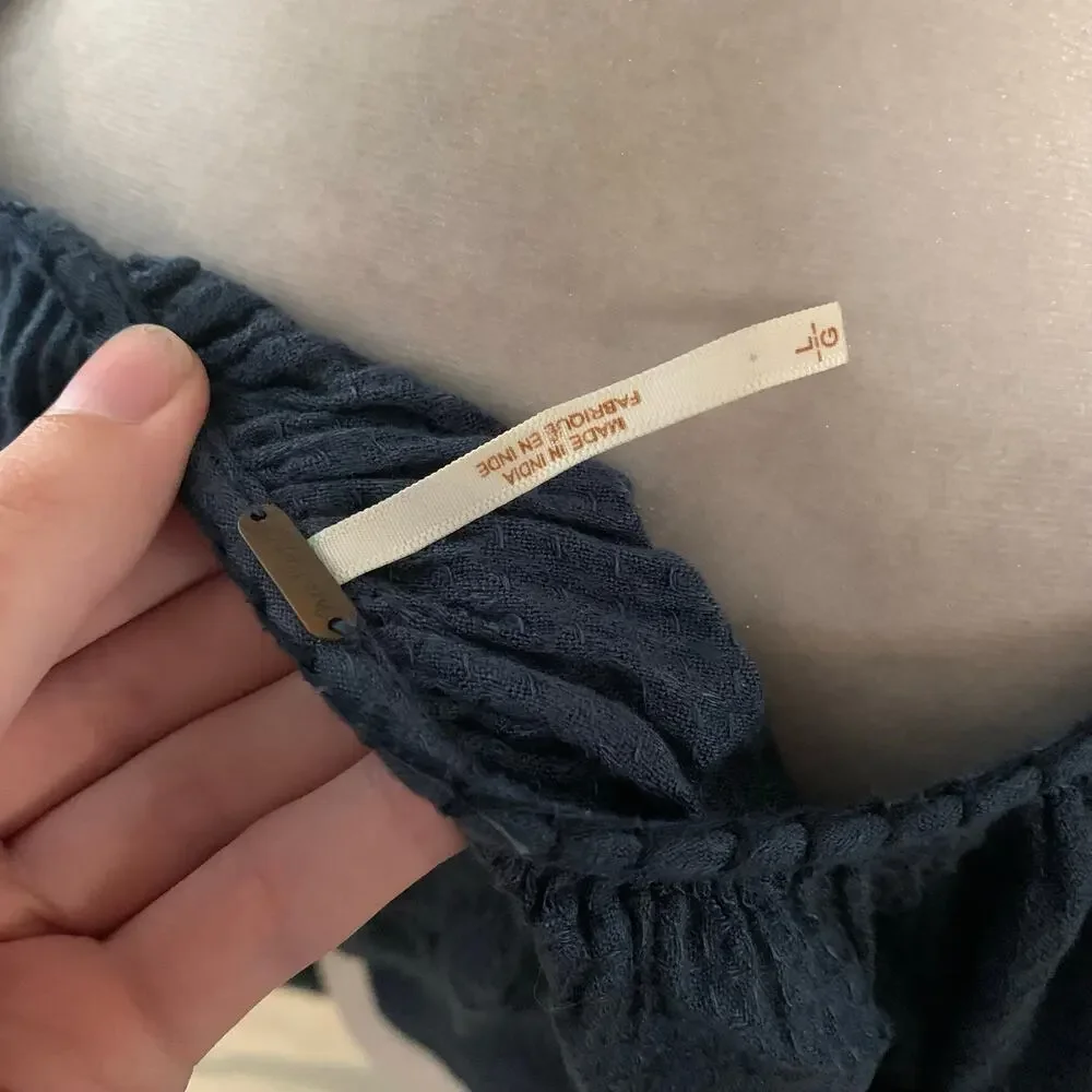 Free People Southwest Navy Smocked Waist Balloon Sleeve Crop Top Large